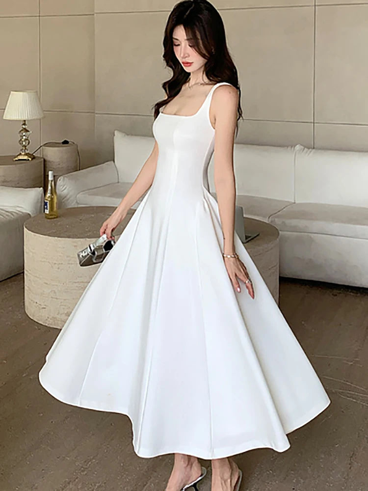 Lunivop  New White Square Collar Sling Sexy Long Dress Women Elegant Luxury Dance Party Dress Summer Korean Vintage Bodycon Vestidos