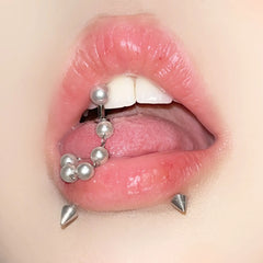 Lunivop Fashion Acrylic Pearl Tongue Piercings With Chain Girl Cute Small and Popular Tongue Rings Nipple Studs Jewelry