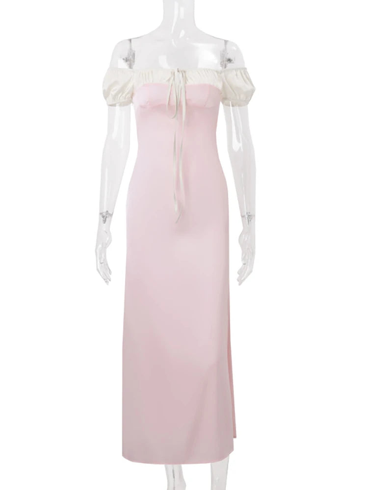Lunivop Sexy Square Collar Bandage Women Dress Pink Puff Sleeve High Waist Dress Femme Summer French Elegant Party Clubwear