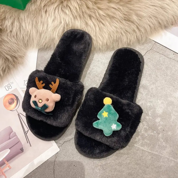 Lunivop 2025 New Christmas Elk Cotton Slippers for Women Men Winter Cute Cartoon Home Non Slip Couple Floor Slides Slip-on Plush Shoes