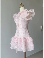 Lunivop  Sweet Floral Flying Sleeve Chiffon Dress for Women Summer Slim Waist Cake Dresses New O-neck Bow Lace Up Vestidos De Mujer