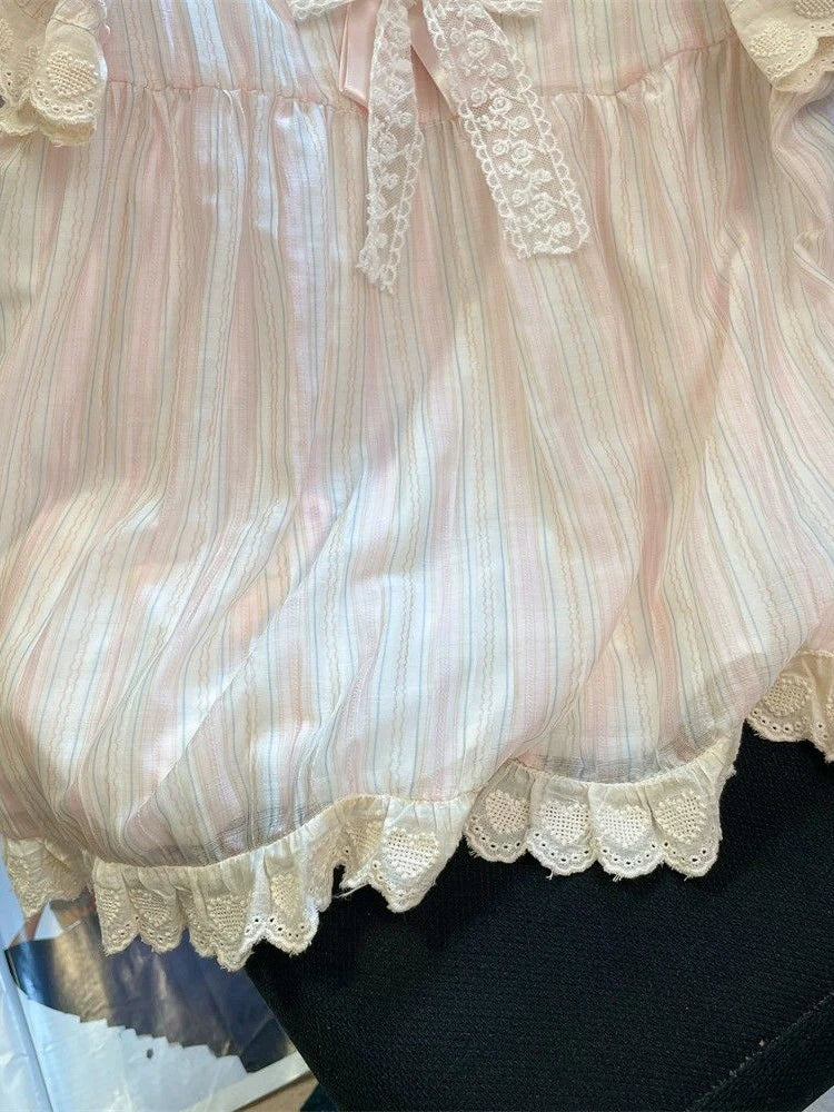 Lunivop  Women Cute Striped Shirt Vintage Sweet Lace Bow Flying Sleeve Kawaii Blouse Casual Summer Peter Pan Collar Lady Design Tops