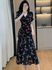 Lunivop  Women Elegant Long One-piece Dress Gown Summer Black Floral Puff Sleeve V-Neck Luxury Dress 2025 Korean Bodycon Festival Dresses
