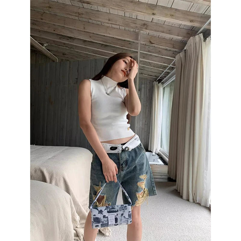 Lunivop Korean Y2K Harajuku High Waist Streetwear Style Fashion Shorts 2024 Summer Women's Sexy Ripped Trashy Loose Fit Denim Shorts