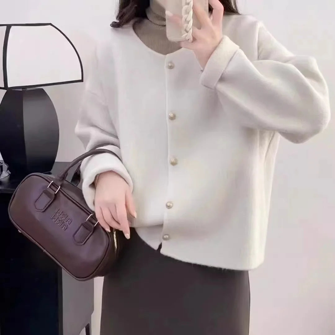 Lunivop Women Sweater Cardigan Polished Gold Button Up Soft Knitted Long Sleeve Sweater Jacket Top Fall Winter Korean Ladies Chic Outfit