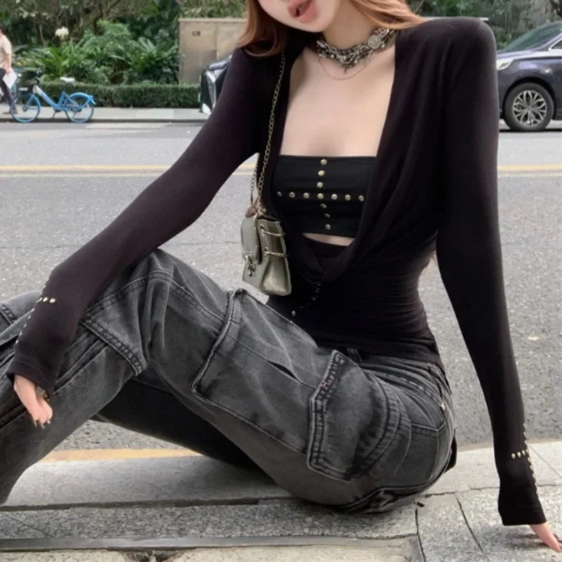 Lunivop Autumn New Deep V-neck Pleated Sexy Slim Rivets Long-sleeved T-shirt Women + Black All-match Tube Tops Two-piece Suit