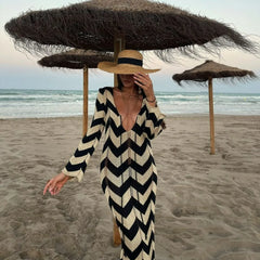 Lunivop Wave Striped Knitted Dress Women Elegant Long Sleeve Slim Beach Holiday Dresses Autumn Fashion Hollow Out Maxi Party Dress