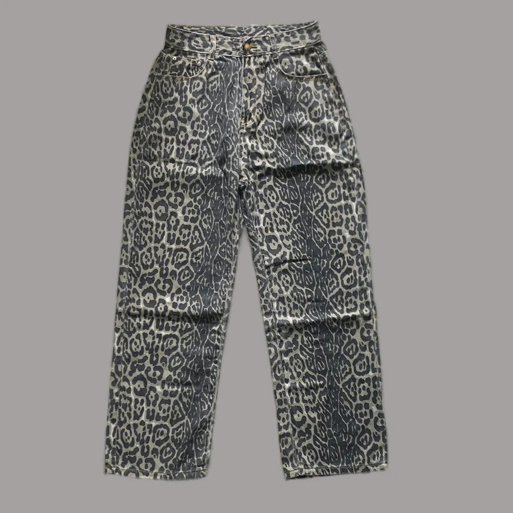 Lunivop Leopard Jeans Women Y2k American Wide Leg Pants High Waisted Korean Style Retro Baggy Jeans Loose Oversized Straight Trousers
