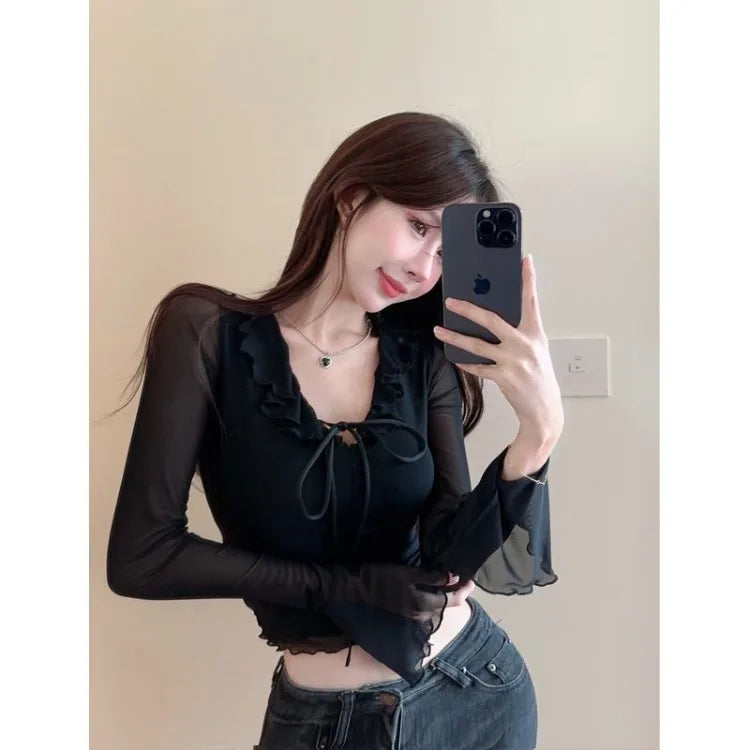 Lunivop  Vintage Ruffles Mesh V-neck Black T-shirt for Women 2025 Summer New Slim Fit Tops Mujer Y2k Slim Fit Long Sleeve Tee Shirt