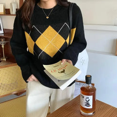 Lunivop  Autumn and Winter Fashion New Women's Loose Sweater Elegant Knitted Diamond Grid Retro Warm Cashmere Thick Hoodie Jumper