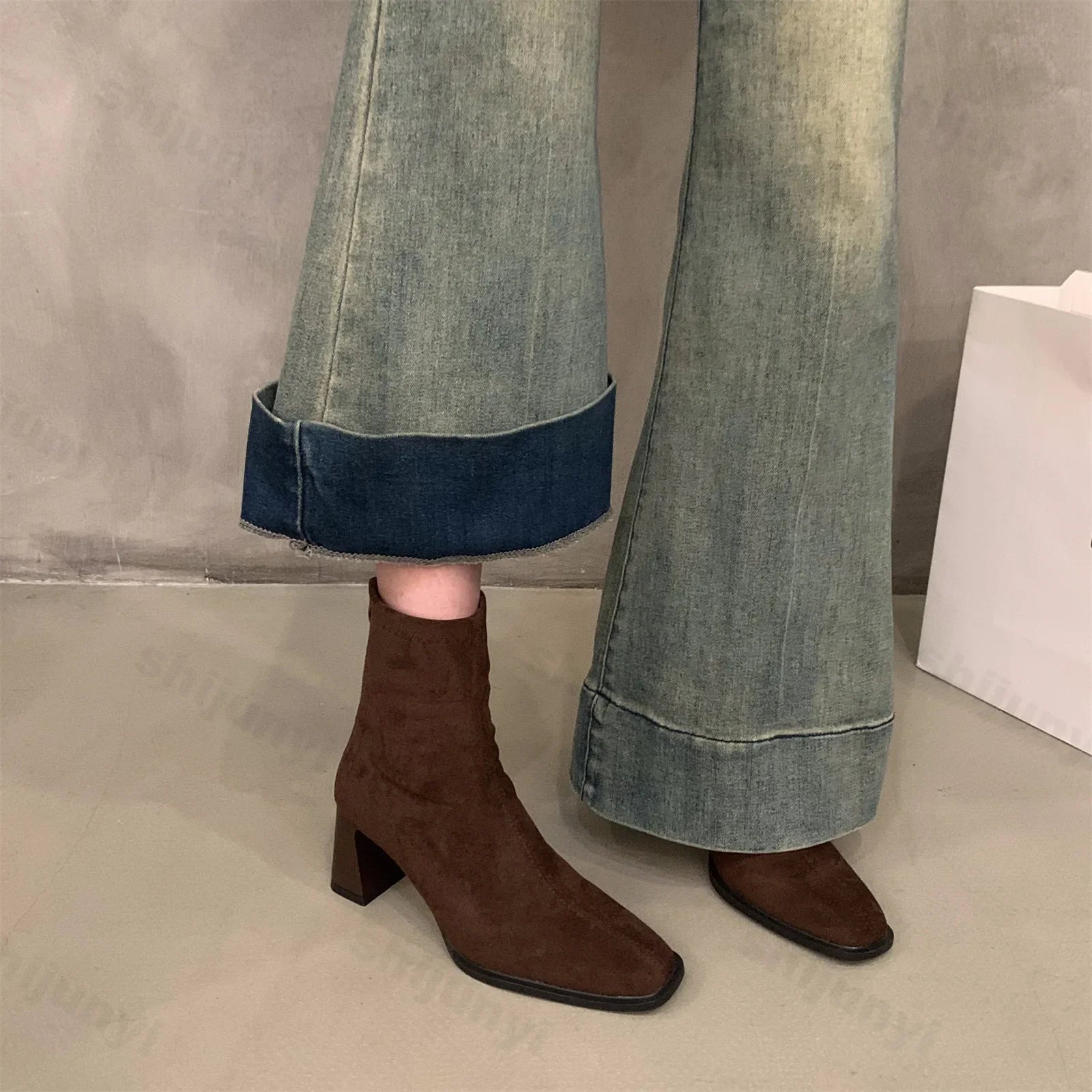 Lunivop Vintage Square Toe Women Ankle Boots Fashion Back Zipper Short Booties Autumn Winter Ladies Elegant Office Thick Heels Shoes