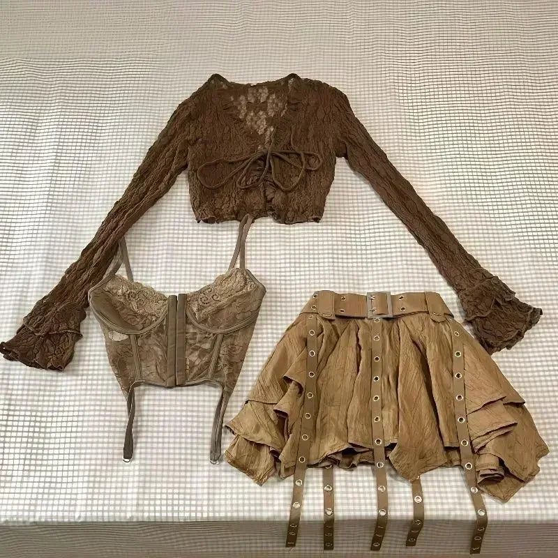 Lunivop  3 Piece Set Woman Aesthetics Fashion Spicy Girls Short Cardigan + Solid Sleeveless Tops + High Waist Y2k Mini Skirt Korean Style