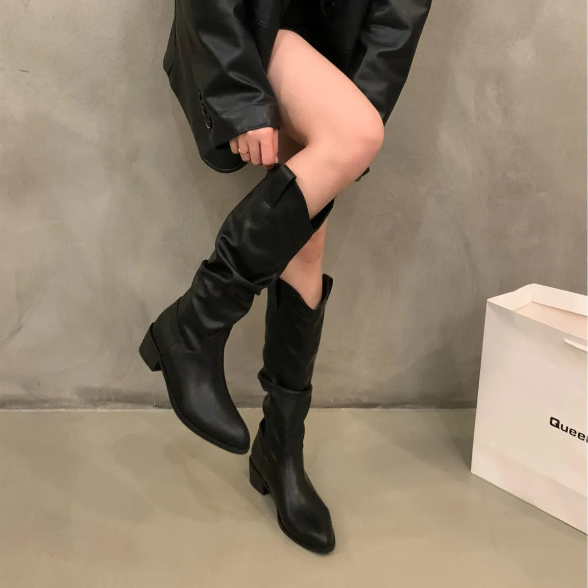 Lunivop Women Fur Suede Boots New Fashion Pleated Wedge Long Boots Ladies Round Toe Slip on Mid-calf Boots Low Heel Botas De Mujer