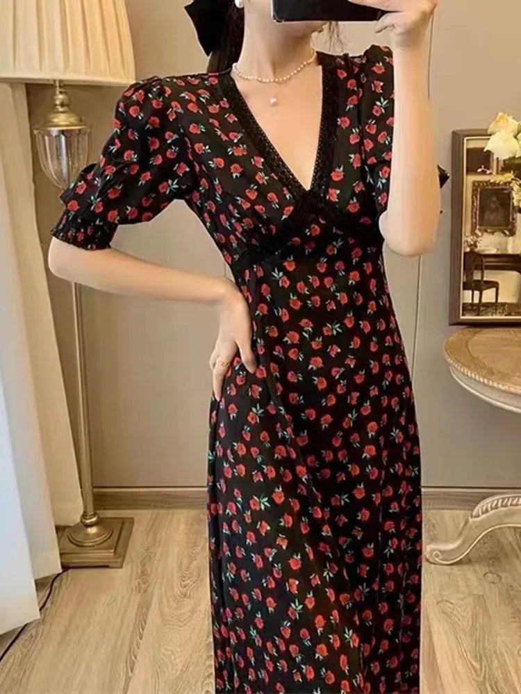 Lunivop  Retro French Style Spliced Lace Deep V neck Black Red Flower Print Women Midi Dress Puff Sleeve Tea Dresses Holiday Robe