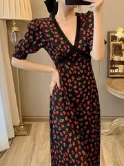 Lunivop  Retro French Style Spliced Lace Deep V neck Black Red Flower Print Women Midi Dress Puff Sleeve Tea Dresses Holiday Robe