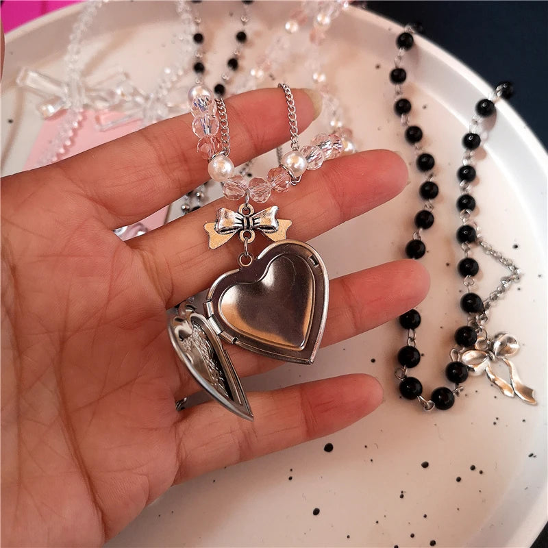 Lunivop Kpop Goth Y2K Heart Bowknot Cross Pendant Choker Clavicle Chain Necklace For Women 2000s EMO Harajuku Lolita Jewelry Accessories