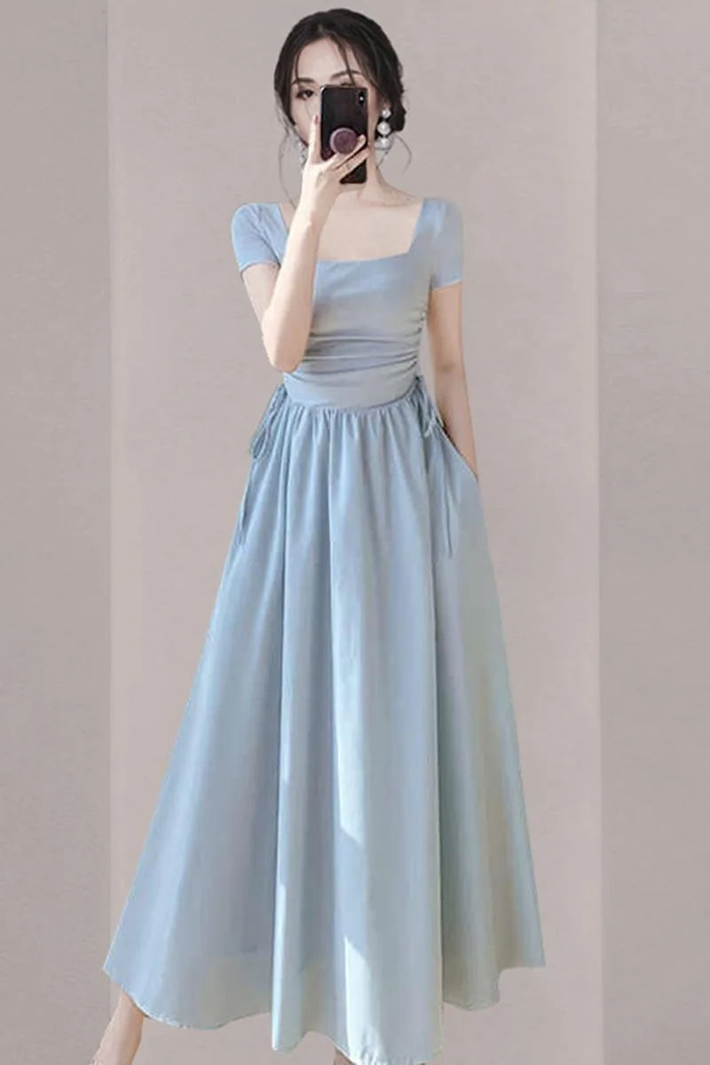 Lunivop New Elegant Summer Short Sleeve Vacation Dress For Women Square Neck Casual Solid Party Dresses Korean Chic Slim A-line Vestidos