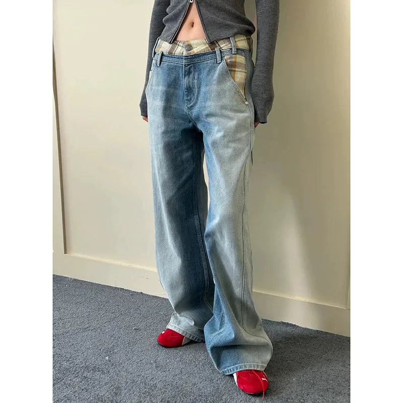 Lunivop Y2K Blue Jeans For Women High Quality High Waist American Street Wide Leg Pants Hip Hop Vintage Straight Autumn Trousers