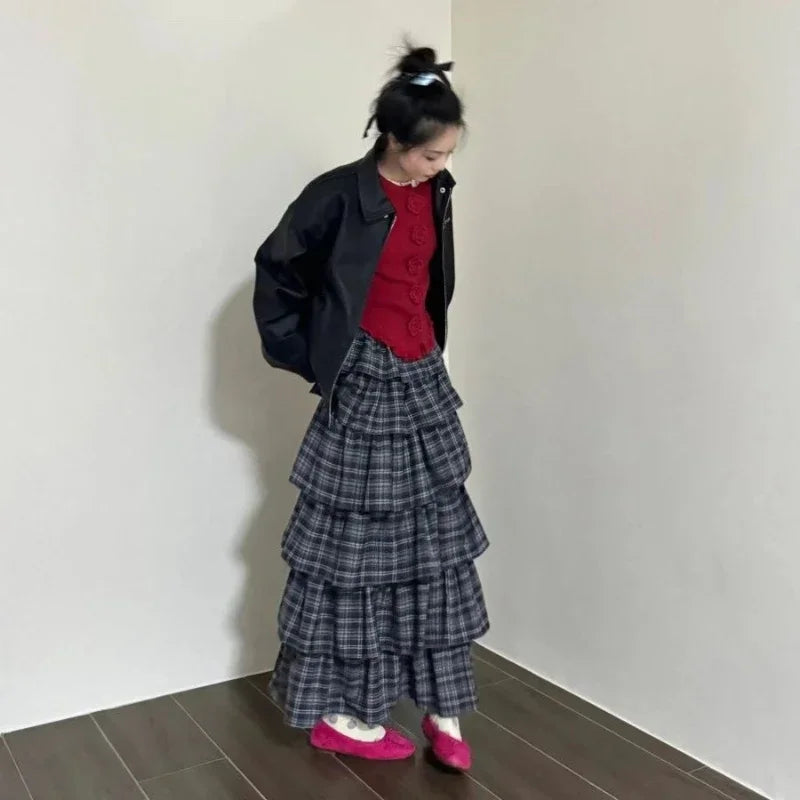Lunivop Vintage Ruffle Plaid Skirt Women Elegant Sweet Long Skirts Japanese Style Streetwear Fashion Patchwork Layered Skirt