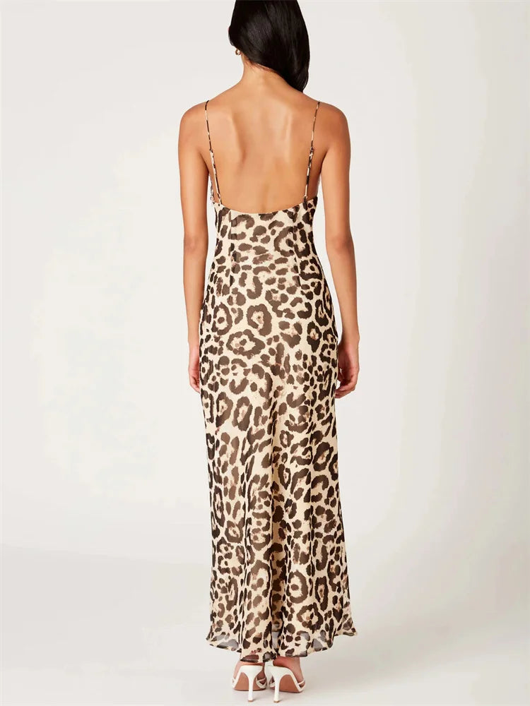 Lunivop Summer Leopard Printed Long Dress Women Lace Backless Spaghetti Slim High Waist Elegant Party Dress Female Bodycon Dress