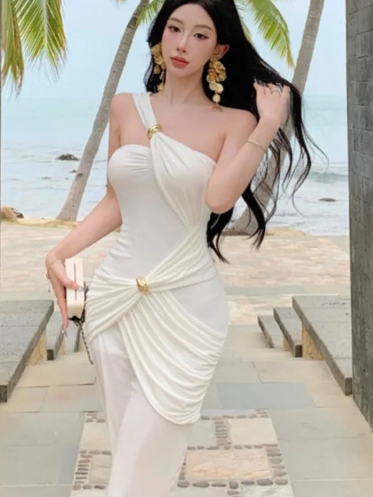 Lunivop  Fashion Women Sleeve Sexy Backless Long Dresses Summer Party Evening Slim Vestidos  Fitting Sloping Shoulder Bodycon Dress