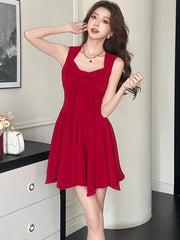 Lunivop  Summer Red Chic Bow Sqaure Collar Sling Sexy Mini Dress Women Elegant Ruffled Luxury Dress Gown 2025 Korean Bodycon Party Dress