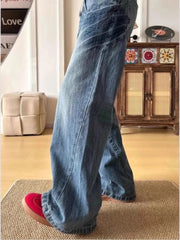 Lunivop  Retro American Washed Jeans Women's Korean Style Low Waist Wide Leg Trousers Drapey Loose Floor-Length Pants Streetwear Trousers