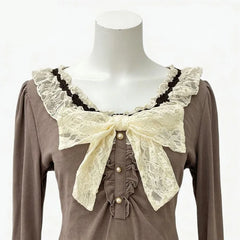 Lunivop  American Elegant Spliced Lace O Neck Bow Design Woemn T Shirts Y2k Aesthetic Vintage Spliced Pleated Clothes Harajuku Punk Tops