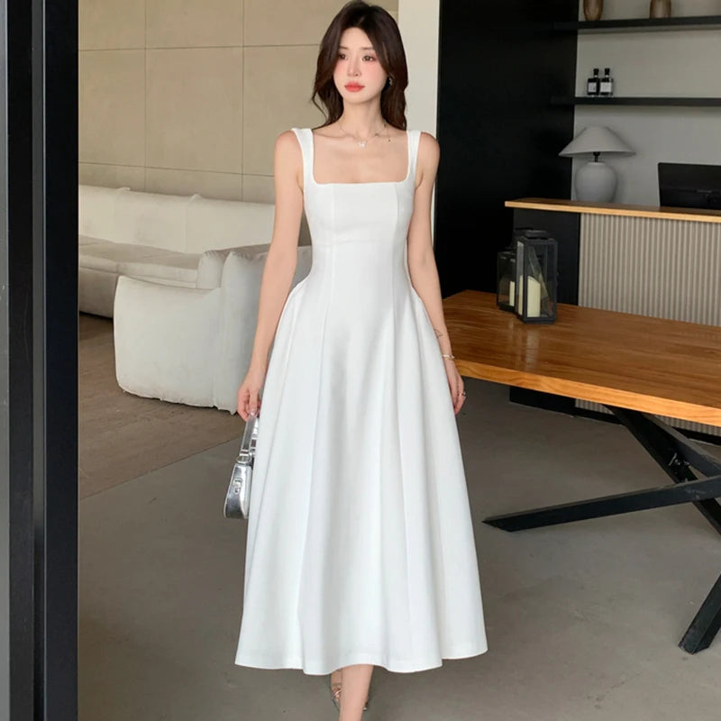 Lunivop  New White Square Collar Sling Sexy Long Dress Women Elegant Luxury Dance Party Dress Summer Korean Vintage Bodycon Vestidos