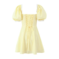 Lunivop  Sweet Yellow Splice Lace Bodycon Corset style Mini Dress Women Cross Lacing up Bandage Back Short Puff Sleeve Party Robe