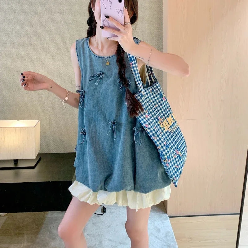 Lunivop Summer New O-neck Backless Bow Splicing Distressed Casual Denim Tank Tops Women + Pleated A-line Skirt Two-piece Suit