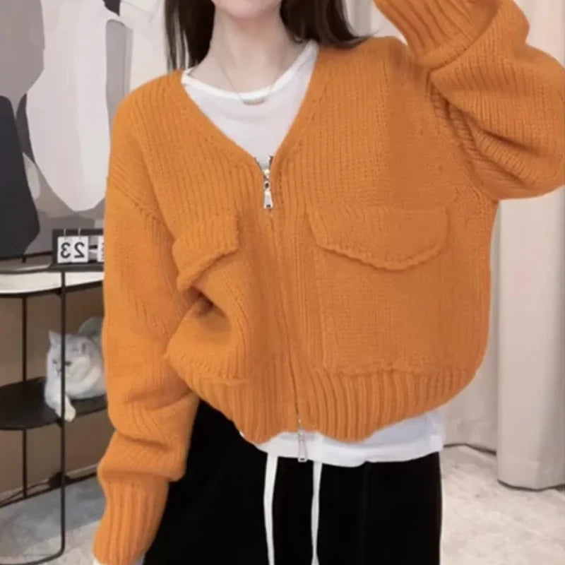 Lunivop Women's Zip Up Knit Cardigan with Pocket V-neck Zipper Front Crop Sweater Jacket Female Teen-girl Autumn Winter Y2K Outfit