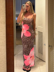 Lunivop Floral Leopard Print Sexy Maxi Dress Women Gown Fashion Spaghetti Strap Sleeveless Backless High Waist Printed Dress