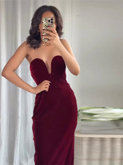 Lunivop  Burgundy Velvet Strapless Maxi Dress Sweetheart Neckline Side Zipper Bodycon Evening Elegant Women Vestidos Party Lady Gown