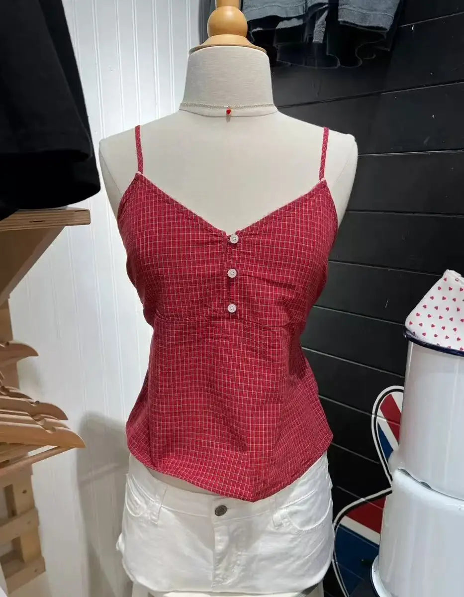 Lunivop  Vintage Red Plaid Buttons V-neck Camis Women Summer Casual Lace Trim Slim Simple Sleeveless Vests Sweet Preppy Style Tank Tops