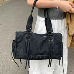 Lunivop  Retro Motorcycle Handbag Women Horizontal Tote Storage Tassel Design Pillow Shoulder Bag Trendy Large Capacity Soft Underarm Bag