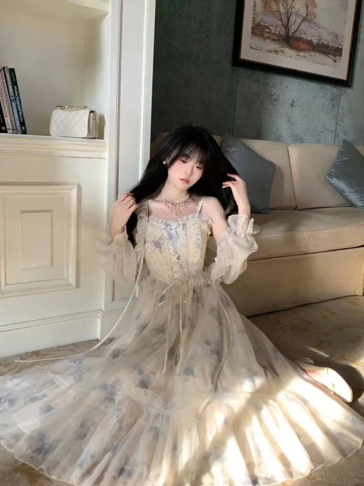Lunivop Spring Elegant Two Piece  Set Dresses Women Lace Bow Sweet Cardigan Floral Strap Dress Set Female Korean Fahsion Desinger Y2 Set