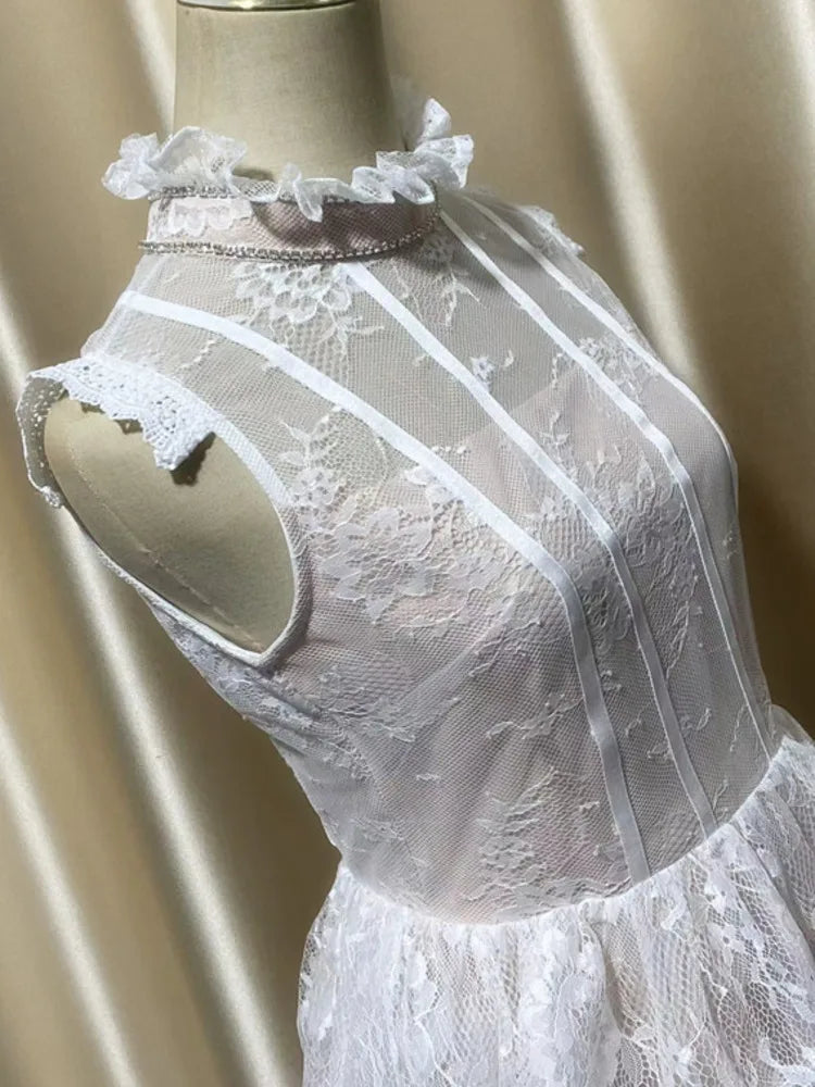 Lunivop Fashion Casual Lace Dress Women's Half High Collar Sleeveless A Line Dresses 2025 Summer New Tide