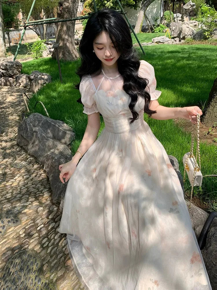 Lunivop  Soft Temperament Slimming Waist Floral Print Long Dresses 2025 Fairycore Princess Sleeves O-Neck Dress Damen kleider Summer New