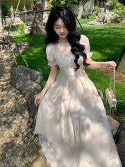Lunivop  Soft Temperament Slimming Waist Floral Print Long Dresses 2025 Fairycore Princess Sleeves O-Neck Dress Damen kleider Summer New