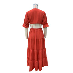 Lunivop  Flare Sleeve Women Summer Dresses Deep V Neck Maxi Sundresses Solid Color Casual Hole Waist High Waist A-Line Dress
