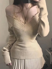 Lunivop  Gray Knitted Camisole Tops Y2k Korean Lace Patchwork Women's Pullover Grey Sweater Jumpers Knitwear Sueters