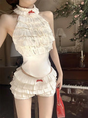 Lunivop  Ruffles Patchwork Halter Sleeveless Vest Top for Women+ High Waist Sweet Skirts Shorts 2025 Summer New Two Piece Sets