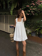 Lunivop White Sleeveless Ruffles Mini Dress Women Casual Boho Beach Sundress Cute Girl Home Dresses Loose Summer Dress Oversize