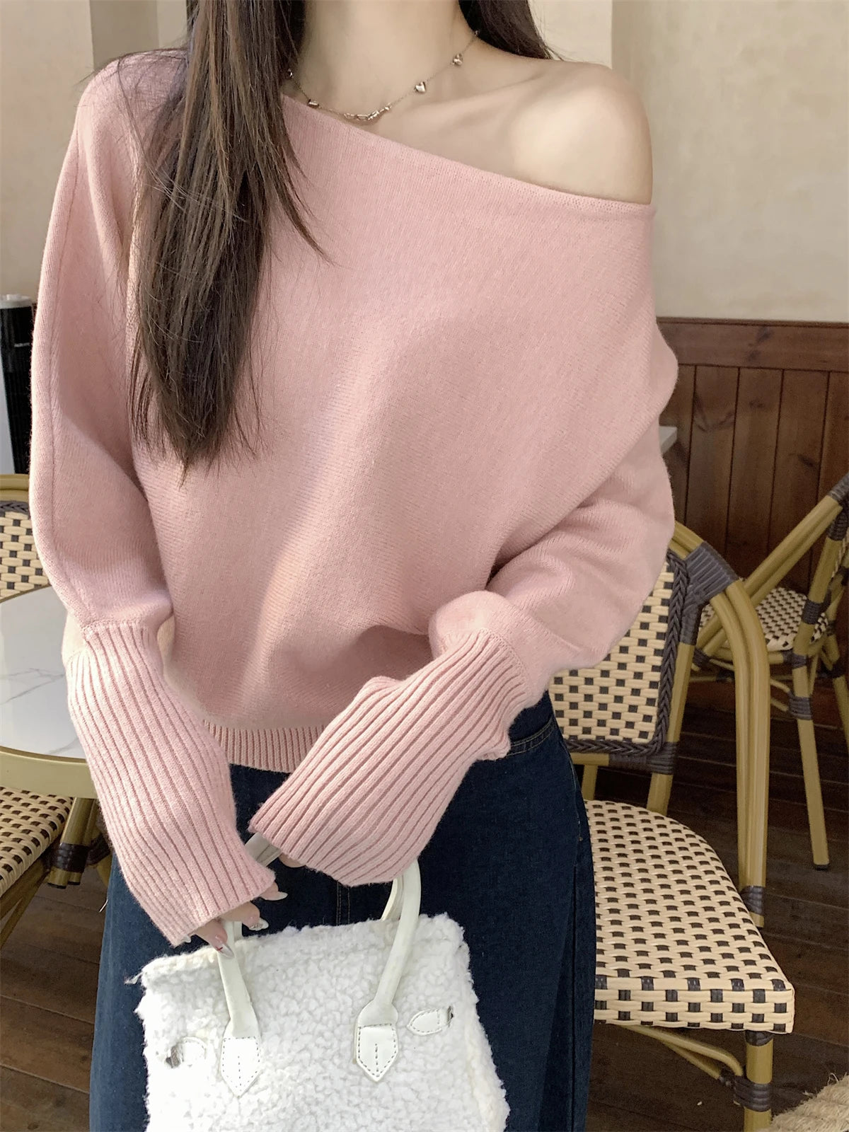 Lunivop Off Shoulder Knit Top for Women Slash Neck Rib-knit Batwing Sleeve Sweater Pullovers Autumn Winter Korean Fashion Outfit