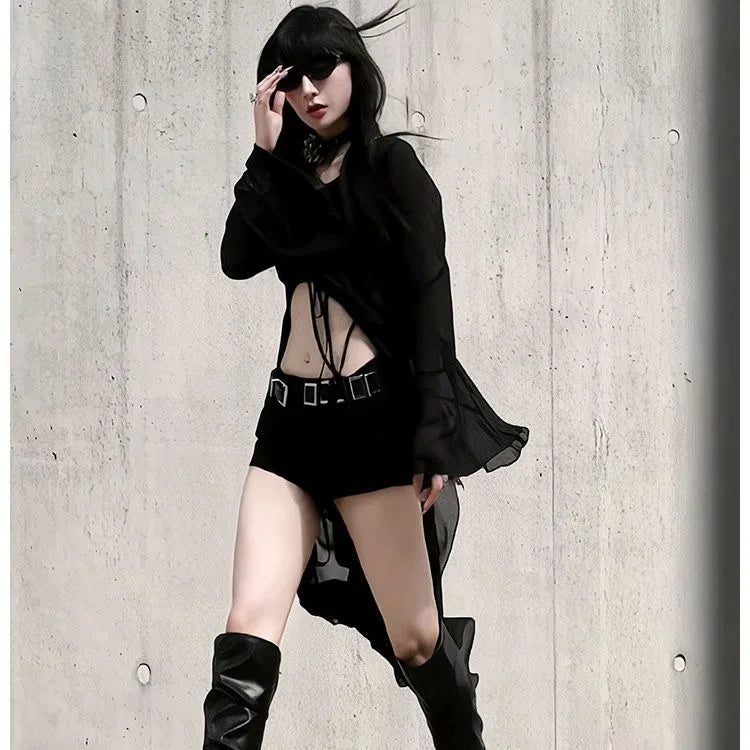 Lunivop  Y2k Sexy Slim Fit Black Dress for Women Fashion All-match Mid-length Dresses E-Girl Mesh Long Sleeve Sun Protection Coat