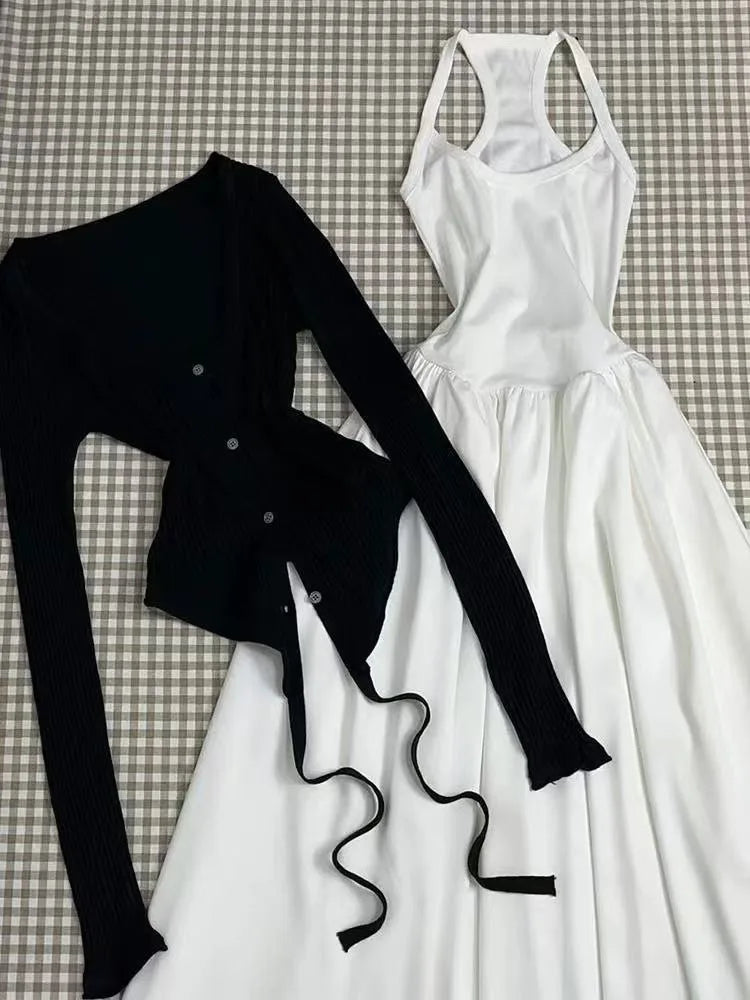 Lunivop  Black Long Sleeve Sun Protection Coat Women+ Sexy Slim Waist White Camisole Vest Dresses 2025 Summer New Two Piece Sets