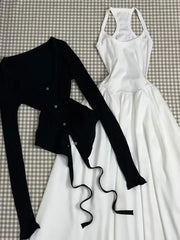 Lunivop  Black Long Sleeve Sun Protection Coat Women+ Sexy Slim Waist White Camisole Vest Dresses 2025 Summer New Two Piece Sets