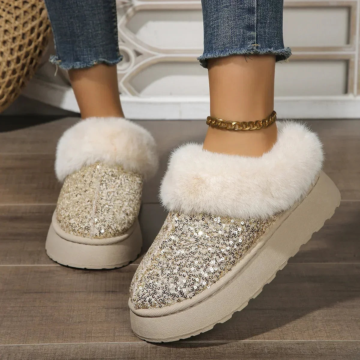 Lunivop New 2025 Winter Ankle Snow Boots Women Fashion Shiny Fur Short Plush Warm Flats Slippers Platform Shoes Indoor Cotton Flip-Flops