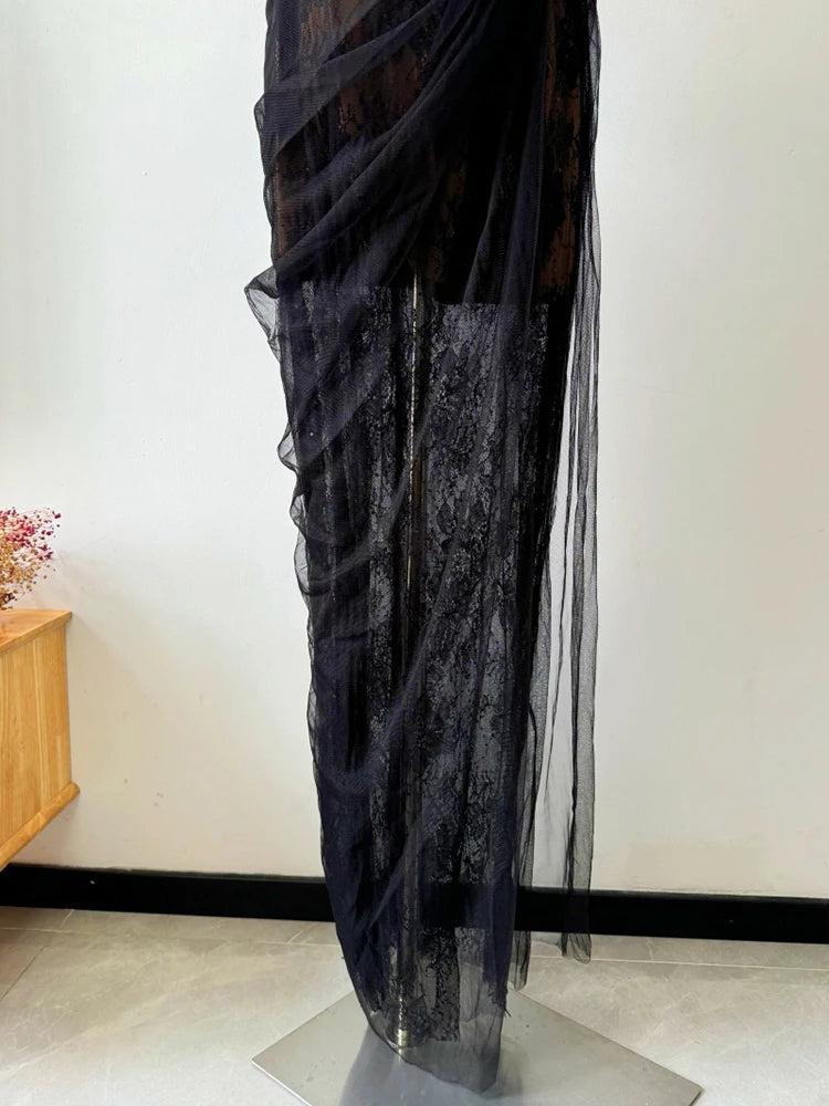 Lunivop Mesh Dress For Vacation,single Straps High Waist Long Vestido,pullover Sheer Fake Two Pieces Party Dresses